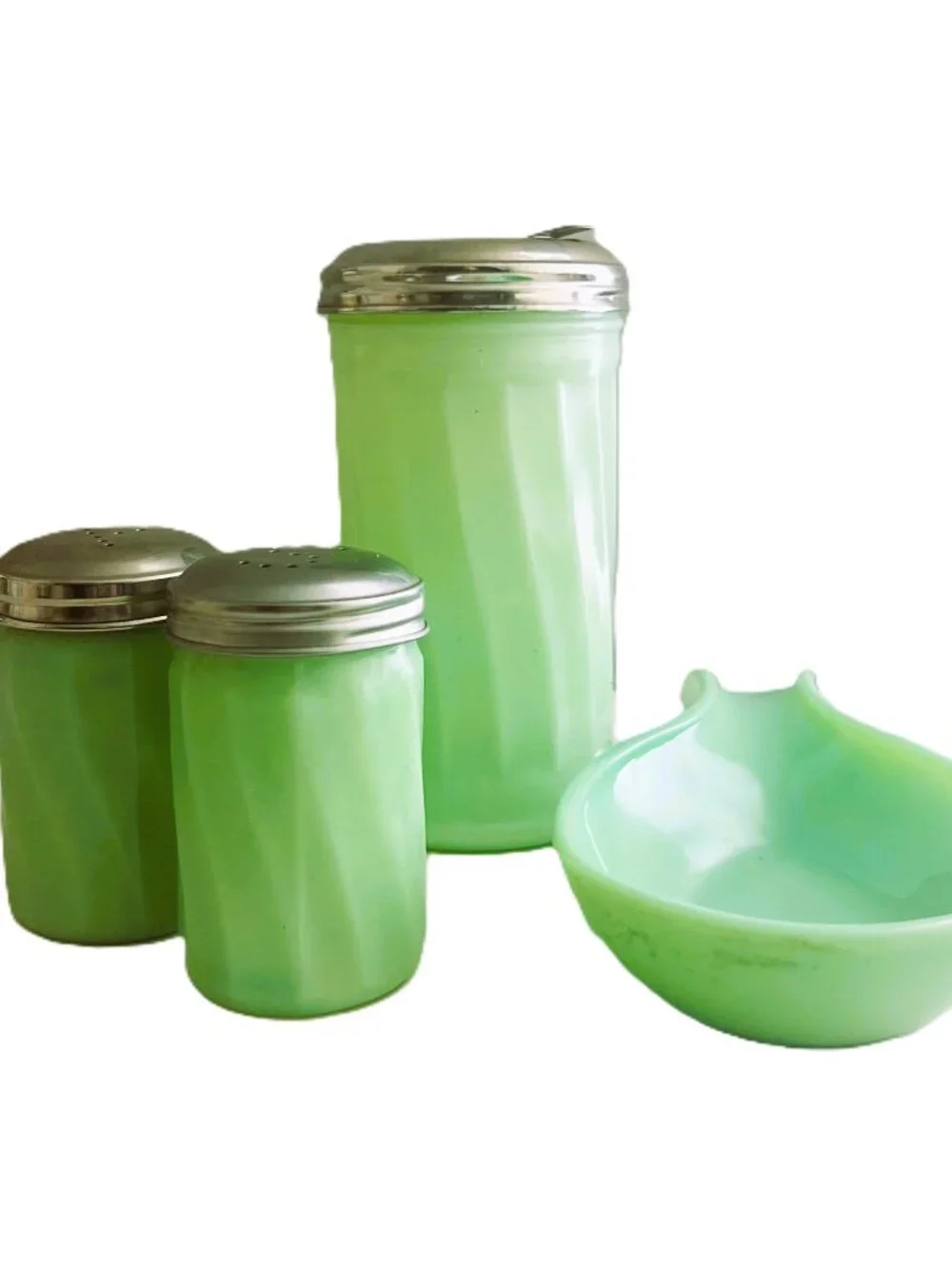 Jade Green Glass 4Pc Kitchen Set - Spoon Rest, Tall Sugar, Salt & Pepper Shakers
